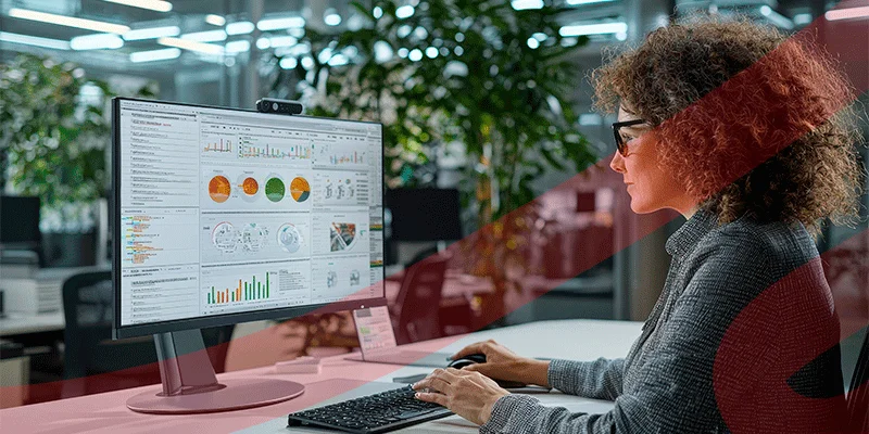Mulher trabalhando com análise de dados em computador com gráficos e dashboards em escritório moderno, ilustrando um artigo de mesmo tema para o blog da Siteware.