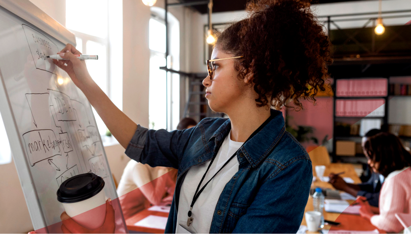 Mulher planeja estratégia de desenvolvimento em quadro branco no escritório, tema do artigo sobre software de PDI.