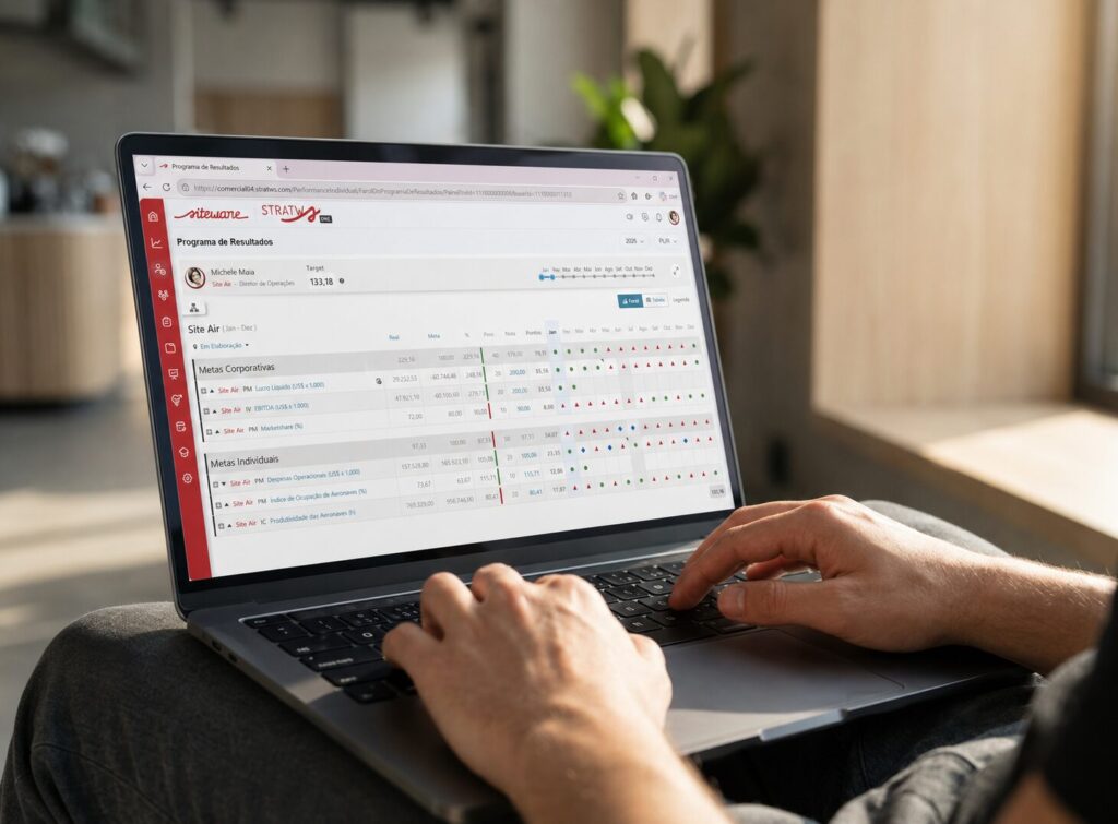Profissional acessando o painel de Programa de Resultados do Stratws One em um notebook, com metas corporativas e individuais organizadas e monitoradas na plataforma para automação da remuneração variável.