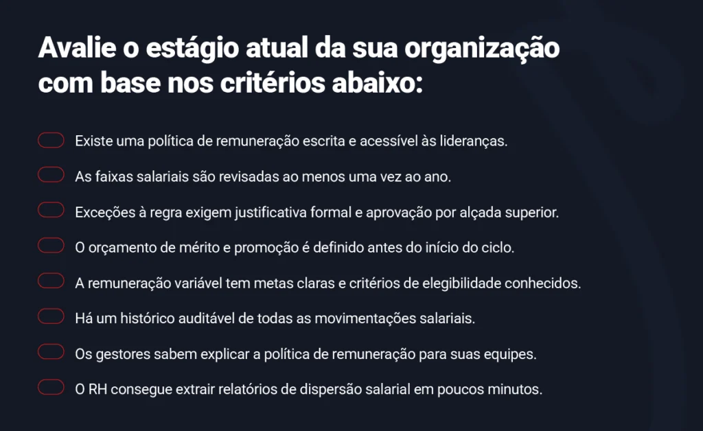 Gestão de Remuneração: o que é, para que serve e como estruturar na prática 4 Imagem com critérios para avaliar o estágio atual de maturidade de gestão de remuneração de uma empresa, incluindo políticas de remuneração variável, faixa salarial, orçamento de mérito, e explicações do RH sobre política salarial.