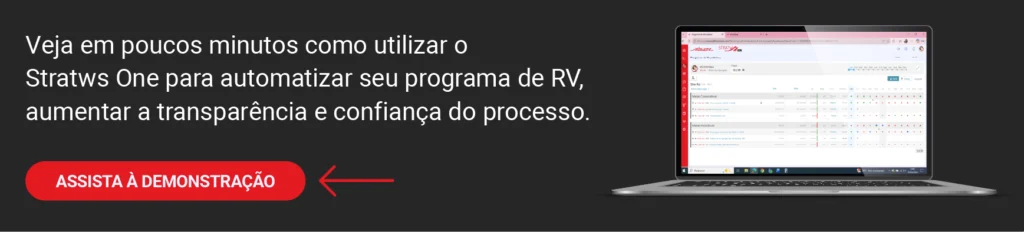 Como o Stratws One faz o cálculo de remuneração variável? 3 Banner preto com texto de destaque na cor branca, convidando o usuário a clicar e a fazer uma demonstração gratuita do Módulo de Remuneração Variável do Stratws One, software de gestão da Siteware. O botão de destaque é vermelho e há um mockup ilustrativo na imagem.