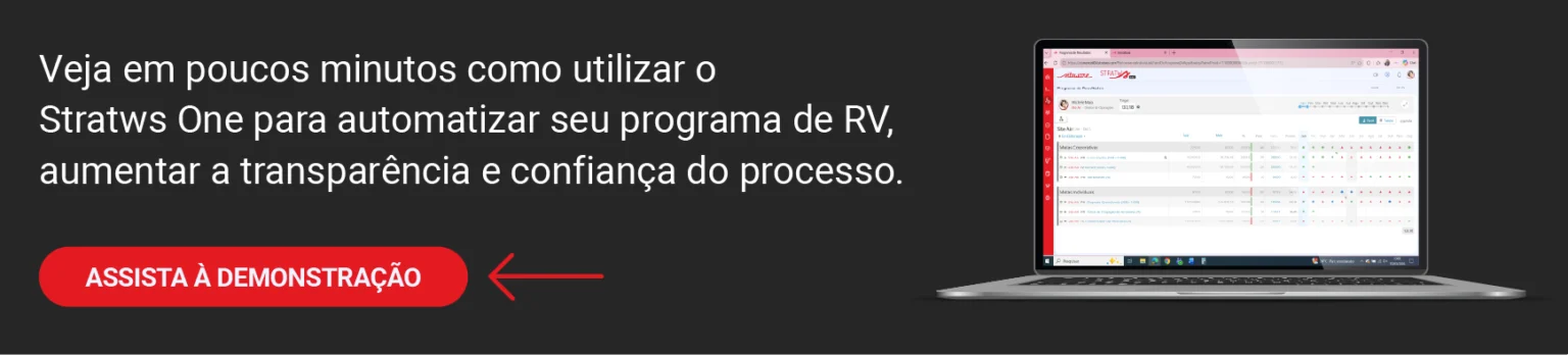 Banner preto com texto de destaque na cor branca, convidando o usuário a clicar e a fazer uma demonstração gratuita do Módulo de Remuneração Variável do Stratws One, software de gestão da Siteware. O botão de destaque é vermelho e há um mockup ilustrativo na imagem.