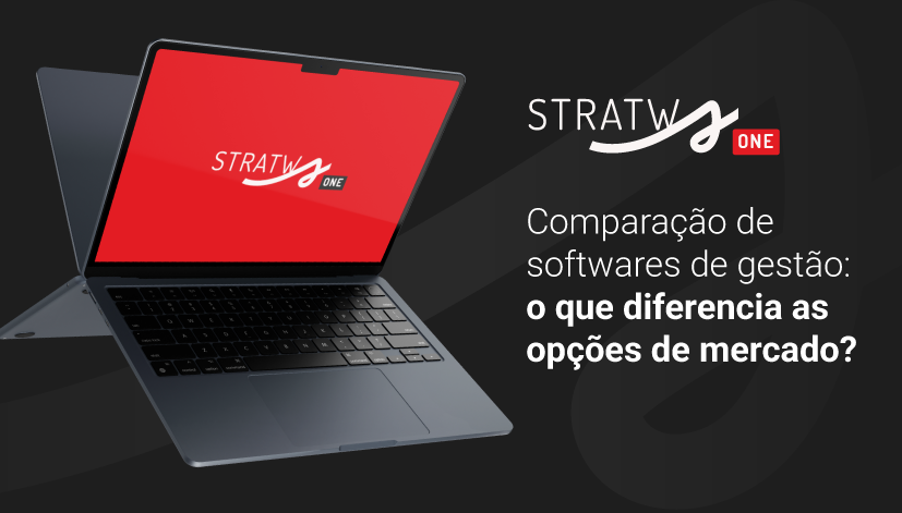 Notebook com a tela do Stratws One ao lado do texto 'Comparação de softwares de gestão: o que diferencia as opções de mercado?', imagem de capa do artigo do blog da Siteware.