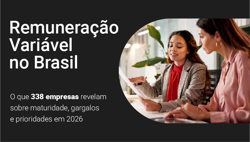 Capa do Panorama de Remuneração Variável no Brasil 2026, com o subtítulo 'O que 338 empresas revelam sobre maturidade, gargalos e prioridades', ao lado de duas profissionais em reunião de trabalho.