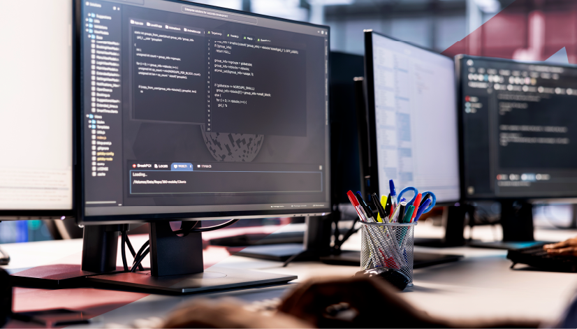 Monitores com código e interfaces de software em mesa de escritório, representando o ambiente de desenvolvimento e uso de softwares de desempenho corporativo em grandes empresas.
