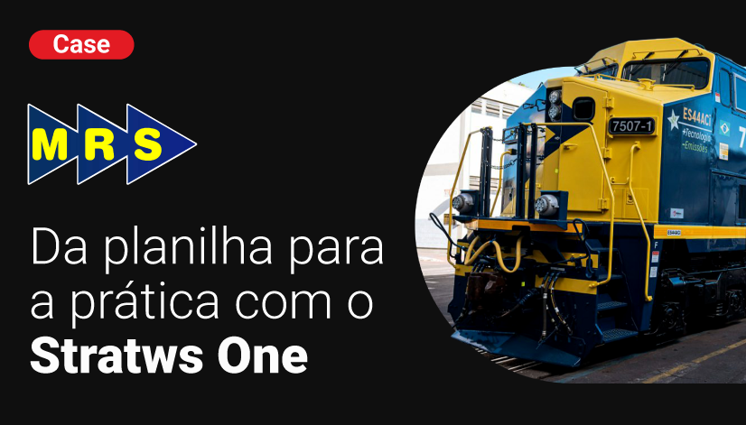 Capa do case de sucesso da MRS Logística com o Stratws One, intitulado 'Da planilha para a prática', com imagem de uma locomotiva da empresa.